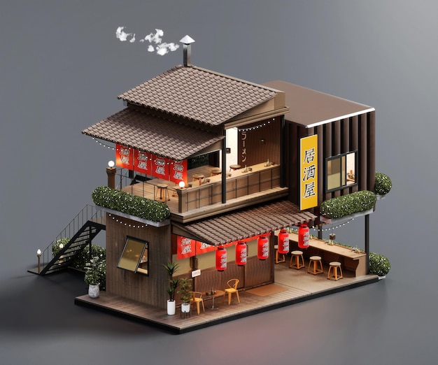 Vista isometrica minimale ristorante giapponese container store architettura esterna rendering 3d