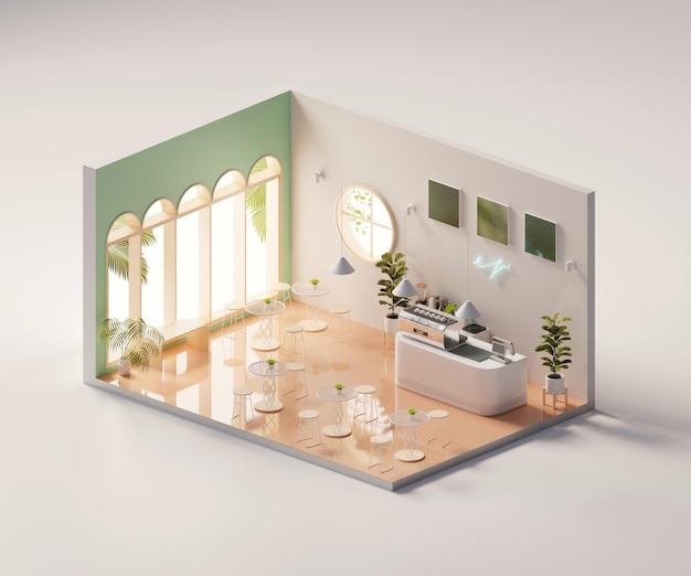 Vista isometrica negozio di caffè minimo aperto all'interno di architettura d'interni rendering 3d arte digitale