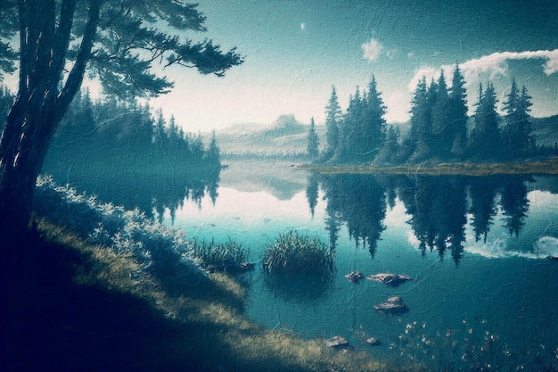 vista lago con sfondo di montagne, ai generativa