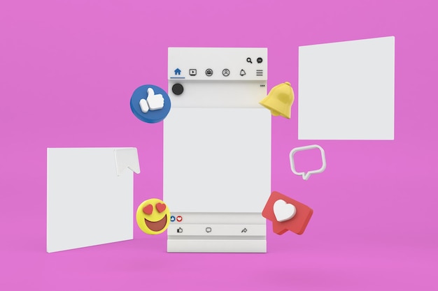 Vista laterale anteriore dei post sui social media con sfondo rosa
