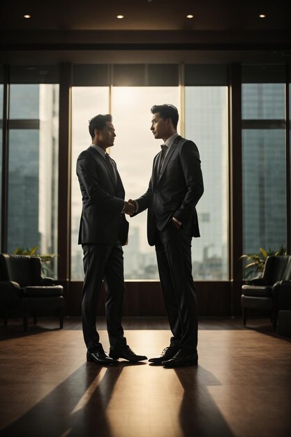 Vista laterale dei due uomini d'affari a silhouette che si stringono la mano in ufficio