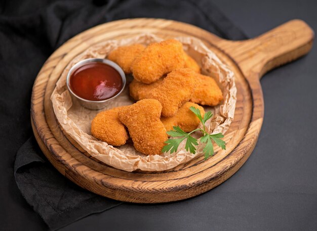 Vista laterale del filetto di pollo fritto in pangrattato panko servito con salsa agrodolce di lattuga in casseruola vicino al piatto isolato su sfondo nero Design banner web spazio testo