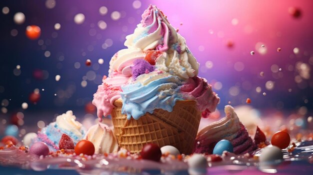 Vista laterale del gelato dolce di vari colori e ripieno di crema di frutta e granelli di cioccolato