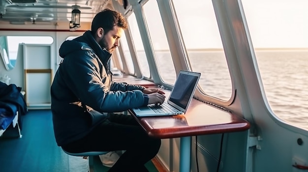 Vista laterale del giovane che utilizza il computer portatile mentre è seduto sulla nave IA generativa