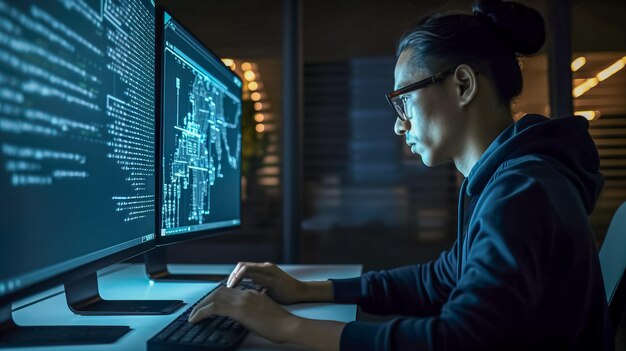 Vista laterale del giovane hacker asiatico che utilizza il computer in una stanza buia di notte IA generativa