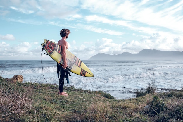 Vista laterale del surfista maschio senza camicia muscoloso da sogno con i capelli ricci in piedi sulla costa erbosa e con la tavola da surf e ammirando il pittoresco oceano ondeggiante contro il cielo blu nuvoloso