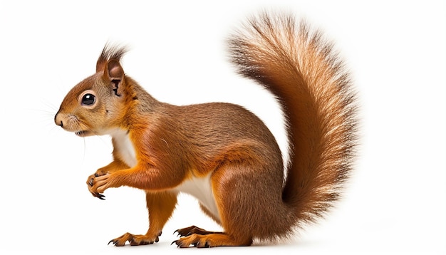 Vista laterale dell'elevazione dello scoiattolo isolata su sfondo bianco