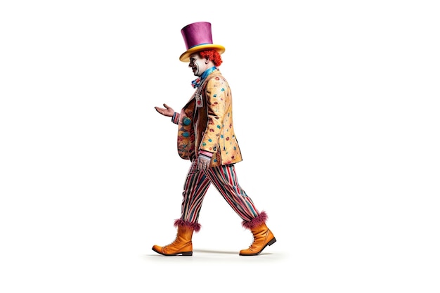 Vista laterale dell'immagine a tutta lunghezza di un clown che imita la passeggiata comica isolata su sfondo bianco Ai generativa