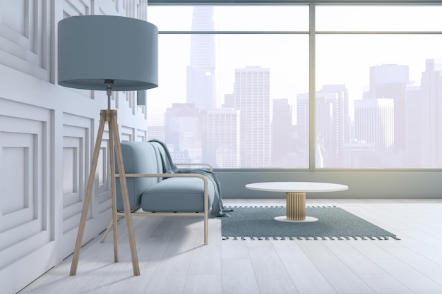 Vista laterale dell'interno bianco del soggiorno con lampada da divano, tavolino da caffè, moquette e finestra con vista sulla città Rendering 3D