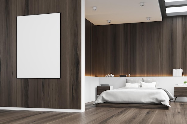 Vista laterale dell'interno di una camera da letto in legno con una finestra panoramica, un letto matrimoniale e un poster incorniciato verticale su una parete in primo piano. rendering 3d, simulazione