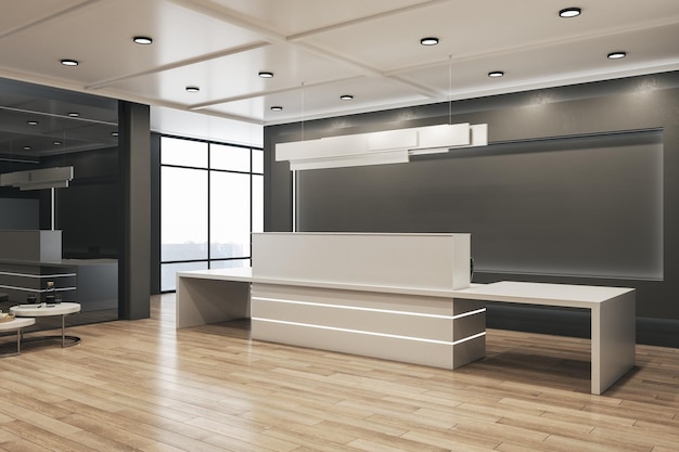 Vista laterale dell'interno moderno della lobby dell'ufficio con pavimento in legno della reception e rendering 3D di luce diurna