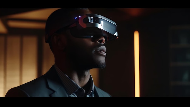Vista laterale dell'uomo di colore in occhiali per realtà virtuale IA generativa