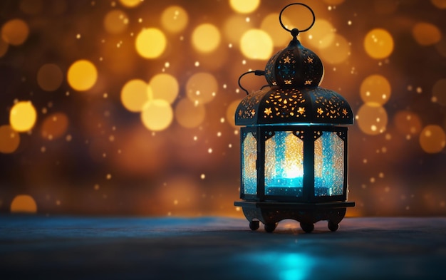 Vista laterale della lanterna del Ramadan con spazio vuoto laterale con luci luminose sfocate sullo sfondo