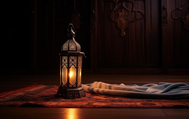 Vista laterale della lanterna del Ramadan con tappeto da preghiera in lanterne a pavimento scuro su sfondo isolato