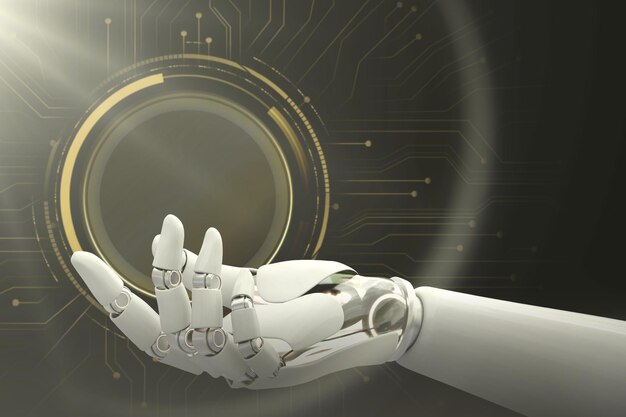 Vista laterale della mano del robot sullo sfondo che presenta il gesto tecnologico
