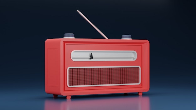 Vista laterale della radio classica rossa con sfondo lucido in design 3d