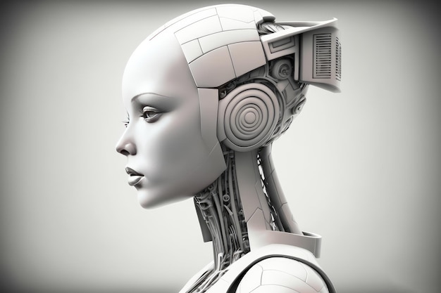 Vista laterale della testa del robot femminile intelligenza artificiale ad alta tecnologia e concetto di tecnologia IA generativa