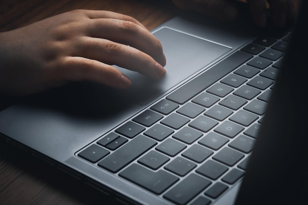 Vista laterale delle mani della donna con laptop su scrivania in legno vintage. Concetto di affari, finanza e gioco.