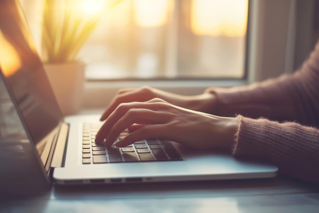 Vista laterale delle mani di una donna che scrive su un portatile AI generativa