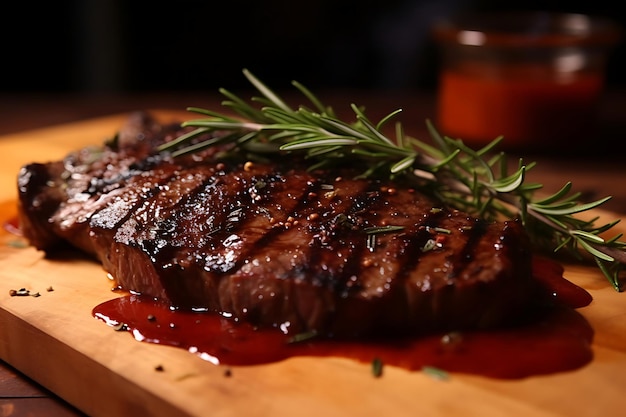 Vista laterale di bistecca di manzo alla griglia con salsa su una tavola di legno