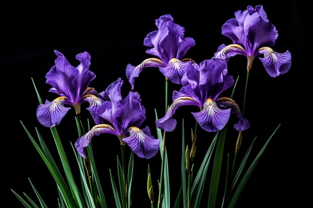 Vista laterale di fiori di iris di colore viola scuro isolati su sfondo bianco