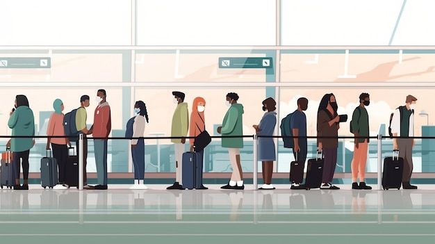 Vista laterale di individui multirazziali in attesa nella hall di un aeroporto per effettuare il check-in dell'IA generativa