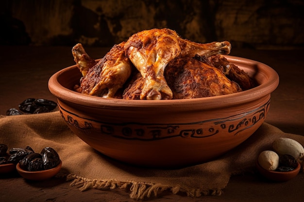 Vista laterale di pollo cotto in un forno di argilla