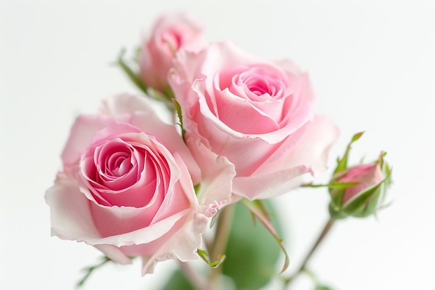 Vista laterale di rose rosse con boccioli e foglie verdi su sfondo bianco