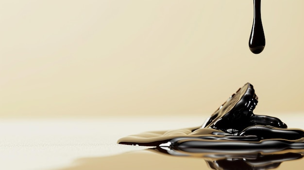 vista laterale di sciroppo di cioccolato scuro che perde su uno sfondo di crema pulita Generative Ai