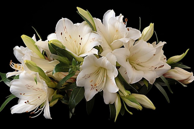 Vista laterale di un bouquet di fiori di alstroemeria di colore bianco isolati su sfondo nero