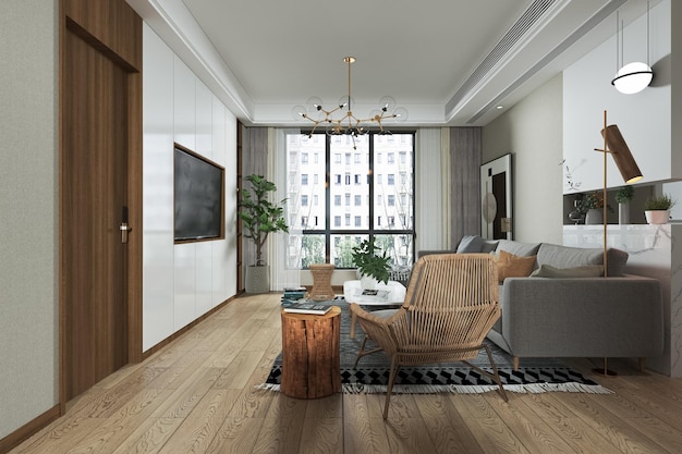 Vista laterale di un interior design minimalista del soggiorno e decorazione domestica