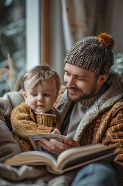 Vista laterale di un padre felice che legge un libro insieme a suo figlio sul divano