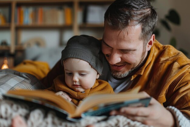 Vista laterale di un padre felice che legge un libro insieme a suo figlio sul divano