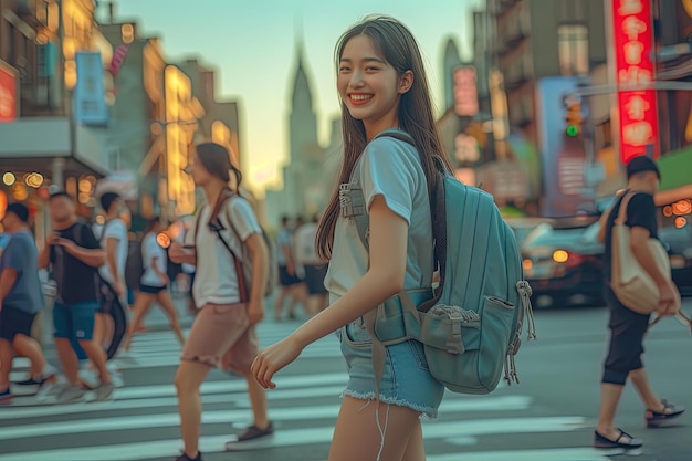 Vista laterale di un sorriso giovane ragazza asiatica con uno zaino che cammina per la strada della città