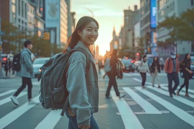 Vista laterale di un sorriso giovane ragazza asiatica con uno zaino che cammina per la strada della città