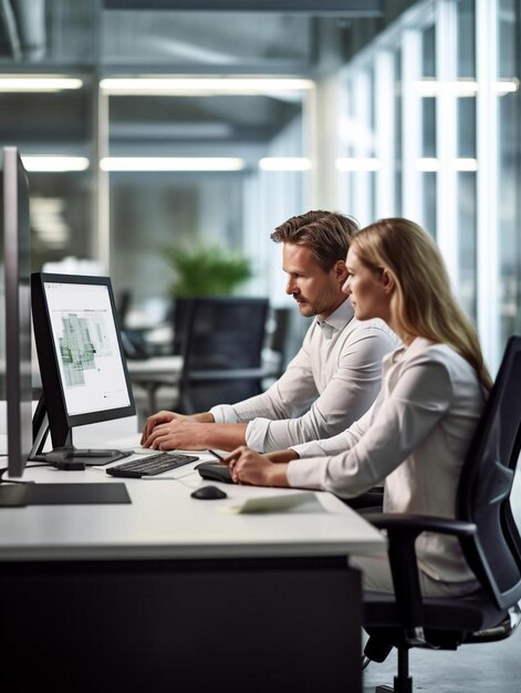 vista laterale di un uomo d'affari che spiega una collega al computer alla scrivania in ufficio