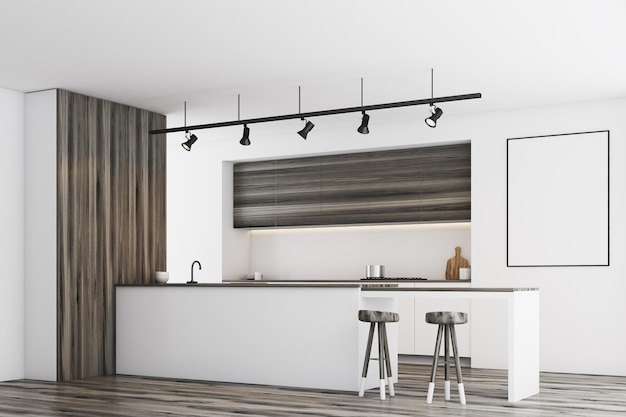 Vista laterale di una cucina bianca con un bar e mobili in legno scuro. C'è un poster incorniciato vuoto su un muro. rendering 3d, simulazione