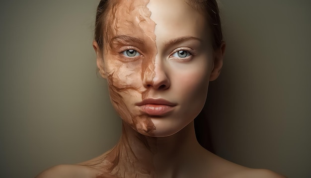 Vista laterale di una donna con la pelle prima e dopo il concetto di acne