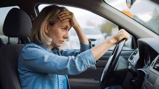 Vista laterale di una donna di mezza età infelice stressata che stringe i pugni e poggia la testa sul volante