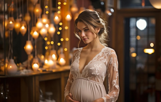 vista laterale di una donna incinta con effetto bokeh sullo sfondo