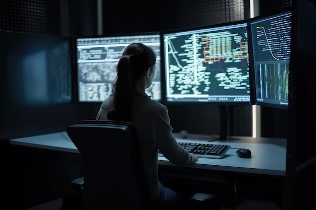Vista laterale di una giovane programmatrice che lavora al computer di notte in un ufficio buio Una programmatrice che codifica e lavora su un computer nel suo ufficio Generato dall'IA