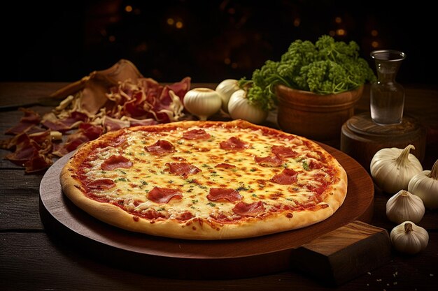 Vista laterale di una pizza con salami, prosciutto, peperoncino verde, pomodori, olive nere e formaggio sul tavolo
