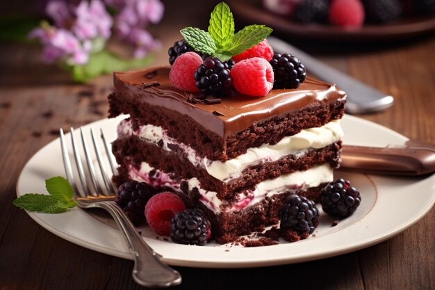 Vista laterale di una torta bianca decorata con crema battuta di cioccolato bianco fuso e banane sul tavolo