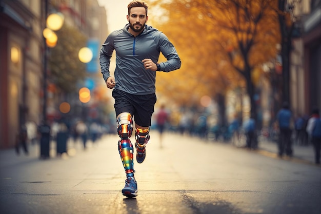 Vista laterale di uno sportivo caucasico in forma con una gamba artificiale che corre all'esterno