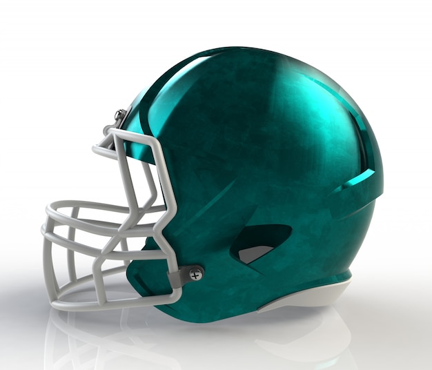 Vista laterale galvanizzata spazzolata blu del casco di football americano su un fondo bianco con il percorso di ritaglio dettagliato, rappresentazione 3D