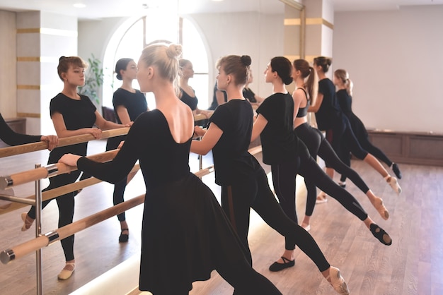 Vista laterale Gruppi di donne che eseguono esercizi al bar in palestra con particolare attenzione all'atletismo in un concetto di salute e fitness.