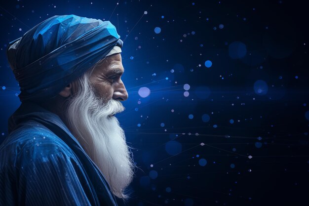 vista laterale illustrazione di Guru Nanak con sfondo neurale blu