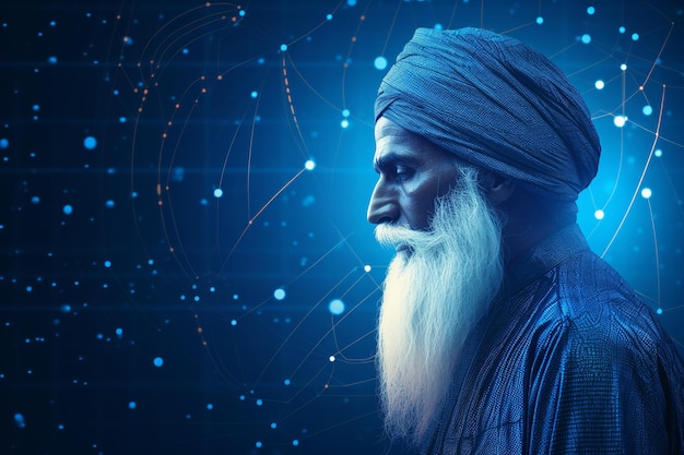 vista laterale illustrazione di Guru Nanak con sfondo neurale blu