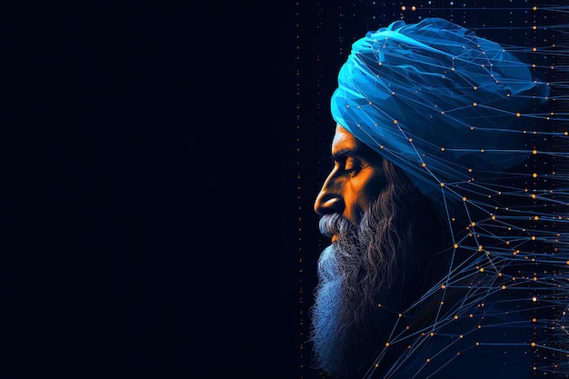 vista laterale illustrazione di Guru Nanak con sfondo neurale blu