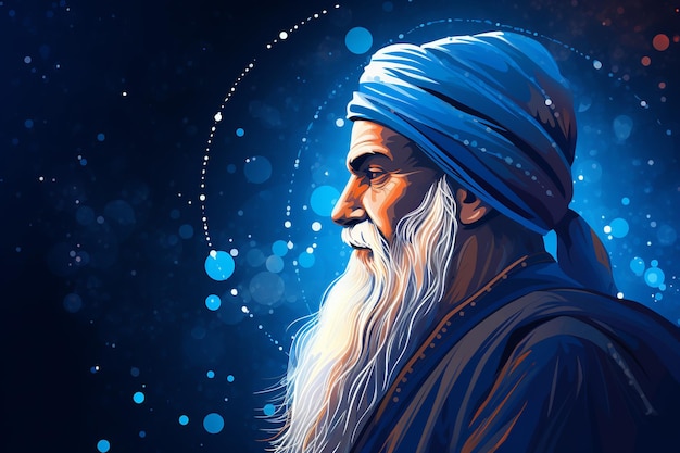 vista laterale illustrazione di Guru Nanak con sfondo neurale blu